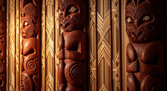 Detailed Maori wood carvings with traditional patterns and cultural symbolism
