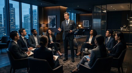 Fototapeta premium Business meeting in a modern boardroom with a cityscape view