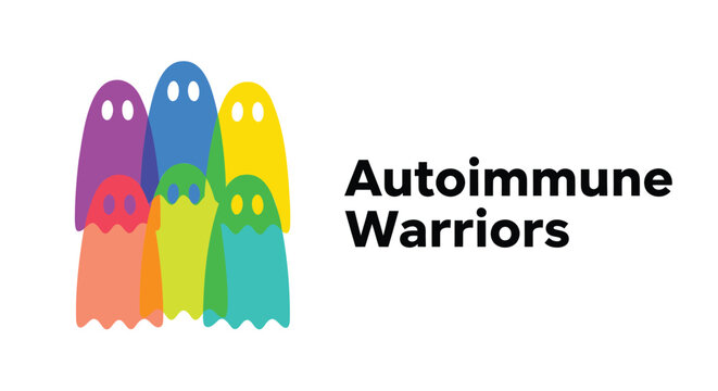 Autoimmune awareness ghosts, colorful ghost characters, Autoimmune Warriors logo, rainbow ghosts