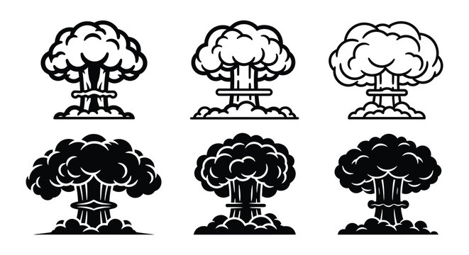Six stylized depictions of mushroom clouds representing nuclear explosions