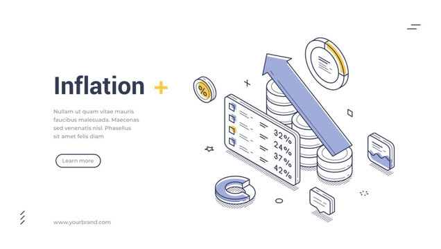 Isometric banner template showing inflation concept. Vector illustration of financial crisis, rising prices, and money value decrease. Data analysis report with charts and upward arrow for web design