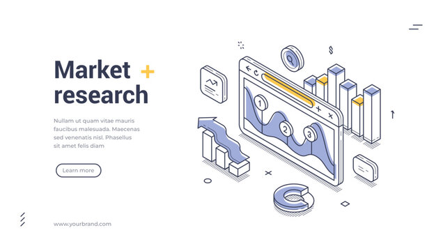 Isometric banner template for market research and business strategy. Vector illustration of data analysis with charts and graphs for marketing analytics, financial report, and SEO