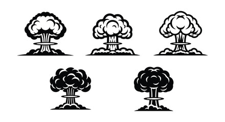 Six stylized depictions of mushroom clouds representing nuclear explosions © MdNirob