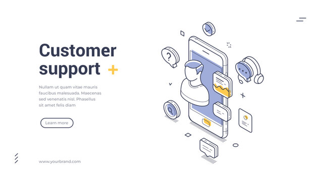 Isometric banner template for customer support service. Vector illustration of a mobile helpdesk with a user on a smartphone screen, chat icons, and a headset for online technical assistance