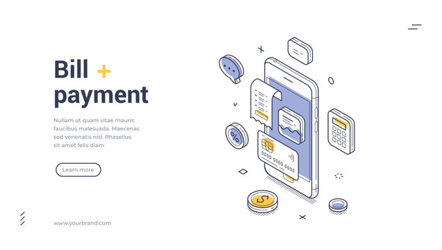 Isometric banner template for online bill payment and mobile banking. Vector illustration of financial transactions. Concept for modern web design and secure payment app interface