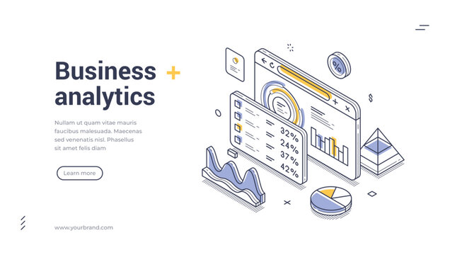 Isometric banner template for business analytics and data visualization. Vector illustration of financial report and statistics. Concept for modern web design and data analysis interface