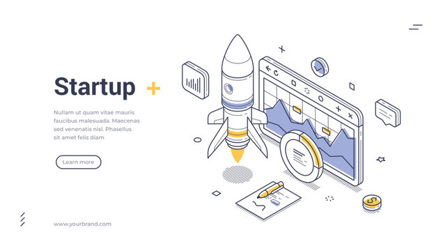 Isometric banner template for startup launch and business project. Vector illustration of data analysis and development strategy. Concept for modern web design and financial growth