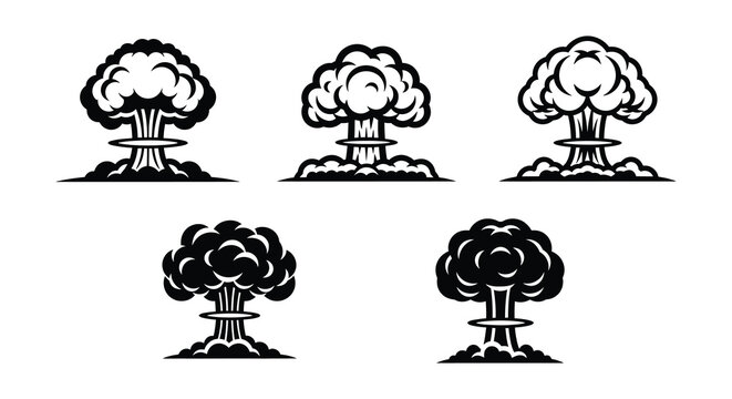 Six stylized depictions of mushroom clouds representing nuclear explosions