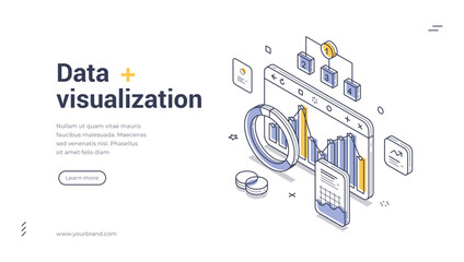 Naklejka premium Isometric data visualization banner. Vector illustration for web design. Concept of business analytics, statistics, and financial report. Digital technology infographic for presentation or website
