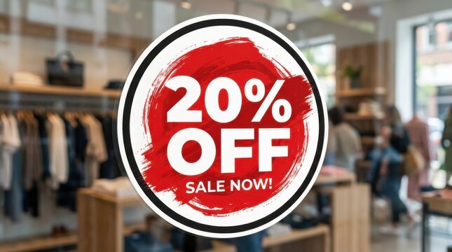 20 Percent Off Sale Now Promotional Badge on Store Background