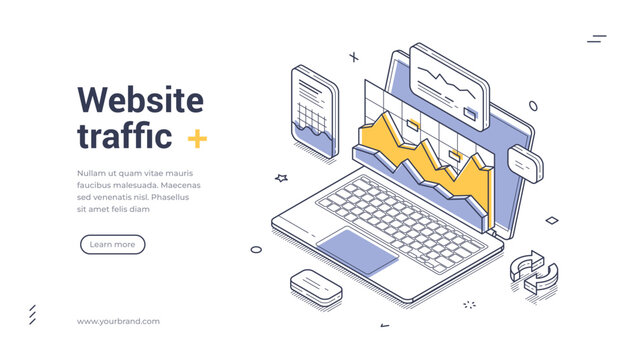 Isometric banner template for website traffic analysis. Vector illustration of SEO data on a laptop screen. Concept for digital marketing and web analytics performance monitoring
