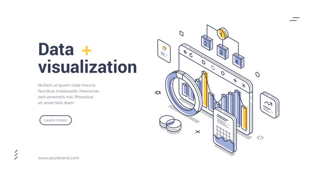 Isometric data visualization banner. Vector illustration for web design. Concept of business analytics, statistics, and financial report. Digital technology infographic for presentation or website