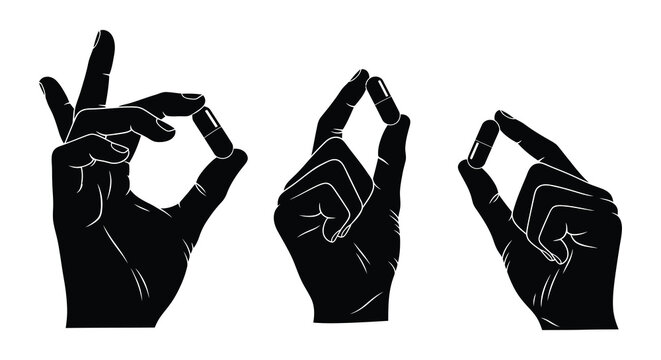 Hands holding pills a monochrome illustration with varying shades