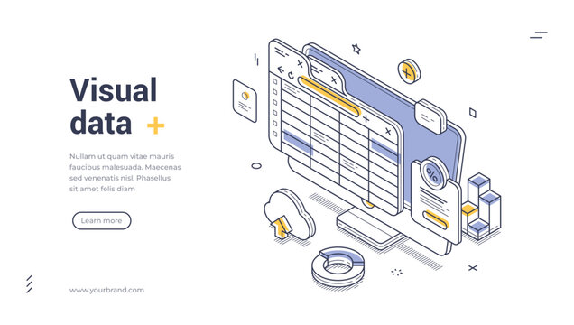 Isometric banner template for visual data analysis and spreadsheet management. Vector illustration of a computer dashboard with charts. Concept for cloud storage and financial reporting