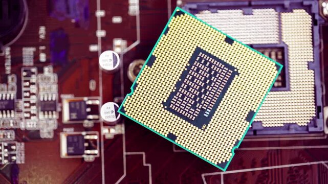 High-tech semiconductor manufacturing process with robotic arm handling silicon wafers and CPU chip production.