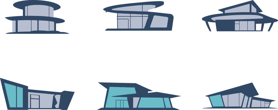 Set of modern futuristic house designs with unique architecture styles and blue accents  various angles and shapes