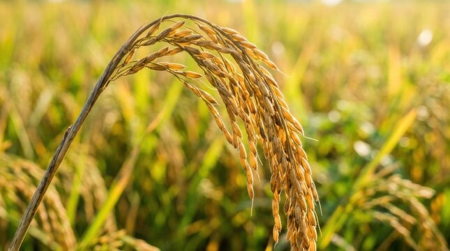 Golden Ear of Ripe Rice in Sunny Paddy Field Close Up
