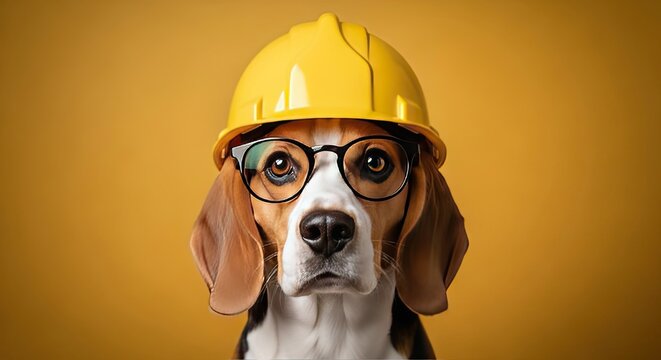 Labor day tribute adorable beagle dog wearing construction helmet celebrating workers