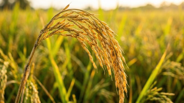 Ripe Rice Grain in Field with Soft Sunlight Background