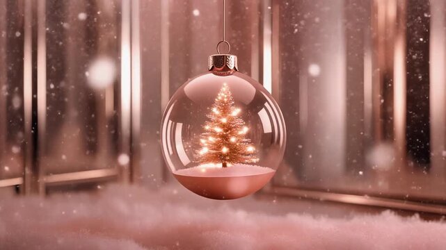 Close-up eye-level shot. Rose gold Christmas ornament hanging with miniature glowing tree inside. Soft bokeh snow background. Festive holiday celebration.