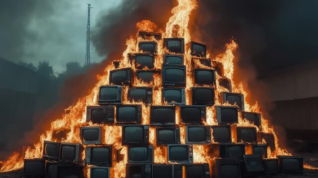 Large pile of obsolete crt televisions burning in a huge bonfire with thick smoke