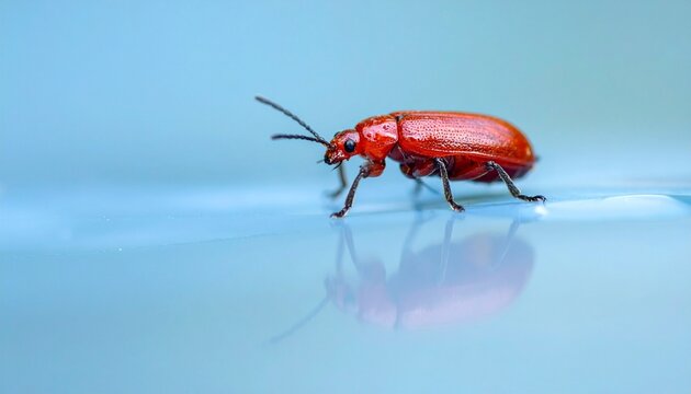 Close-up of reddish-brown beetle with elongated body and antennae, standing on smooth blue surface, blurred gradient background emphasizing intricate texture and natural detail.