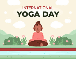 Fototapeta premium International Yoga Day greeting banner concept. Illustration of a woman meditating in the lotus position outdoors. Yoga activity, exercise, lifestyle. Flat cartoon character. Garden background