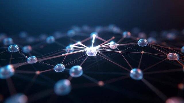 Glowing spheres linked by lines in abstract style over dark background, concept of digital connectivity technology