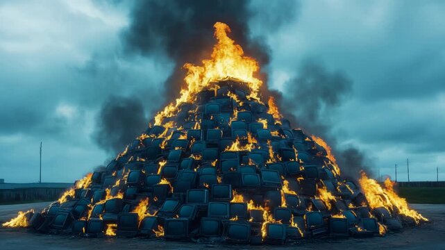 Large pile of obsolete television sets burning with intense flames and thick black smoke