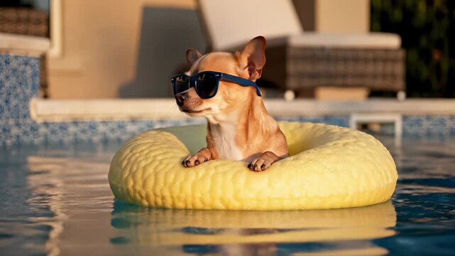 Chihuahua dog floats in swimming pool wearing sunglasses. Funny dog relaxes on yellow inflatable ring. Small pet enjoys summer pool vacation. Dog with sunglasses rests. Summer holiday fun.