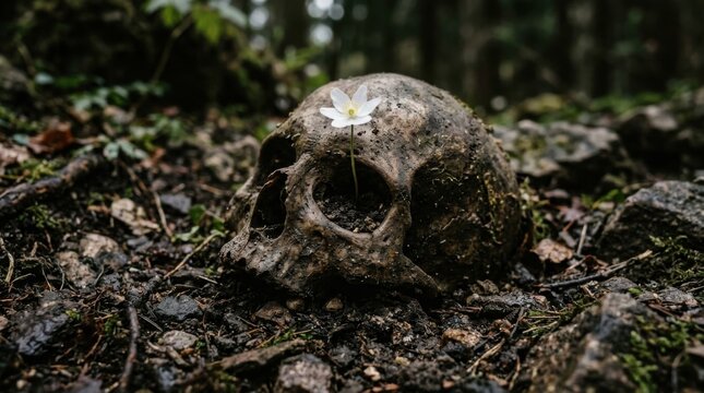 Weathered Ancient Skull on Forest Floor with Small White Flower