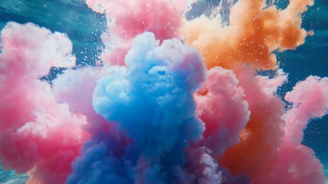 Multicolored paint clouds mixing and swirling in blue water, creating an abstract explosion