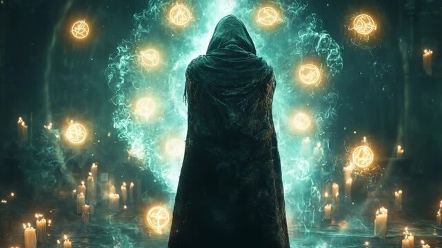 Mystical figure in a dark robe performing a ritual with floating symbols and candles