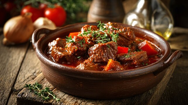 A paprika-scented Hungarian goulash finished with fresh thyme is arranged in a rustic ceramic dish on a farmhouse wooden table glowing in golden afternoon light