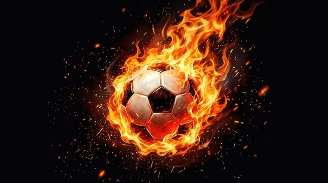 Football in a Burst of Fire and Sparks Cinematic Sports Concept