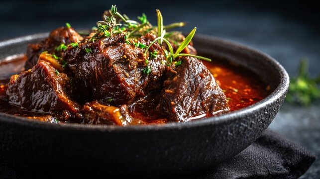 A rich and hearty beef shank goulash simmered with garlic and caraway seeds is styled on a charcoal concrete background with moody, high-contrast studio lighting