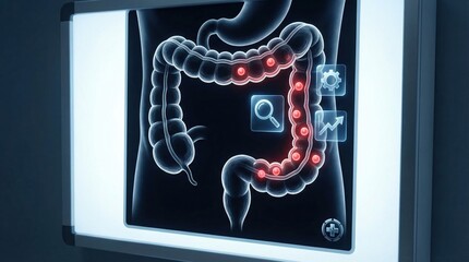 Fototapeta premium Digital display of human colon with glowing red spots and medical icons