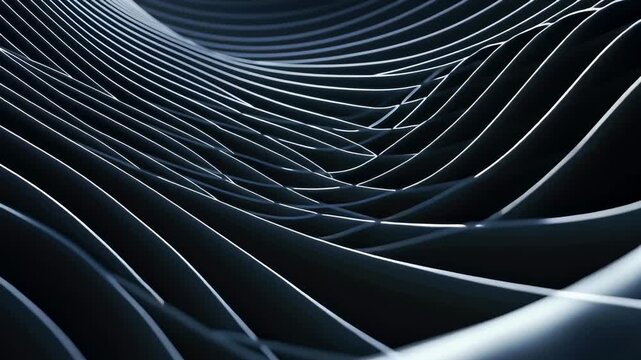 Abstract metallic lines forming a sophisticated waving pattern, creating a dark, sleek, and futuristic background representing modern innovation and technological advancement