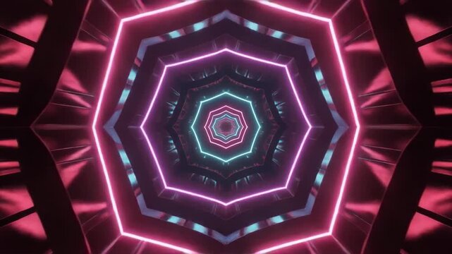 Navigating a vibrant, glowing digital tunnel, a virtual journey unfolds through mesmerizing octagonal neon pathways, symbolizing data flow and technological advancement.