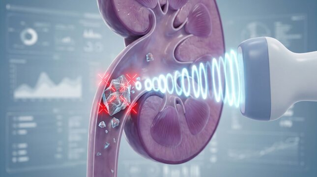 Ultrasound lithotripsy procedure breaking kidney stones into smaller fragments