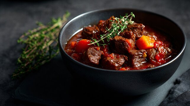 A robust beef and tomato goulash simmered until tender is styled on a dark gray concrete surface with directional lighting casting bold shadows