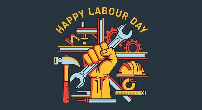 A vibrant yellow fist holding a wrench surrounded by various construction and manual labor tools