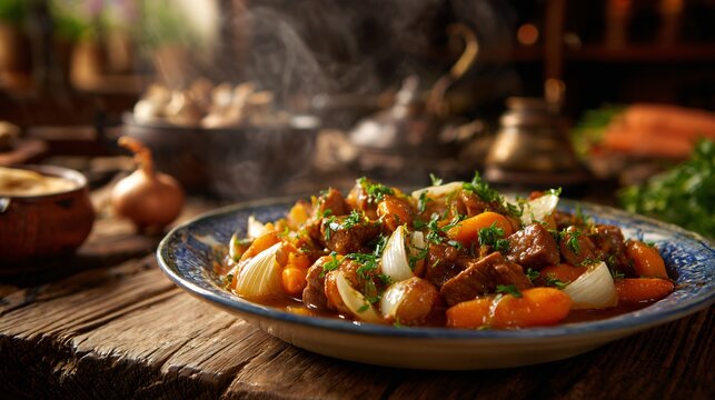 A rustic countryside goulash with carrots and onions is presented on a reclaimed wood dining table glowing with warm kitchen ambiance