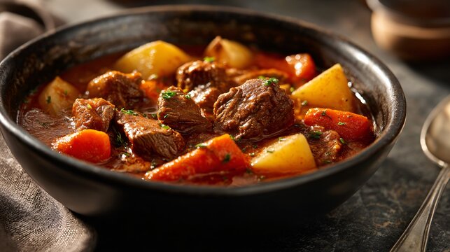 A slow-cooked goulash with chunks of beef, carrots, and potatoes is served on a neutral stone countertop with soft diffused window light enhancing its rich texture
