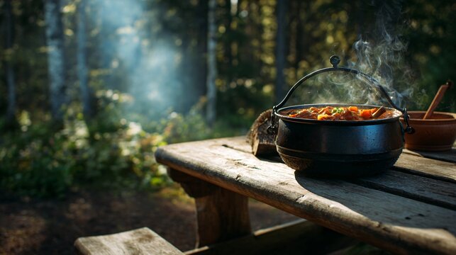 A rustic open-fire bogracs goulash cooked outdoors is served in a metal kettle placed on a rough wooden picnic table surrounded by soft forest-filtered light