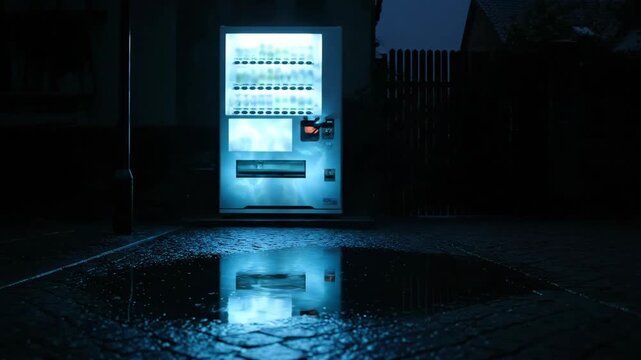 Illuminated vending machine at night with reflection in puddle, cold drink concept.