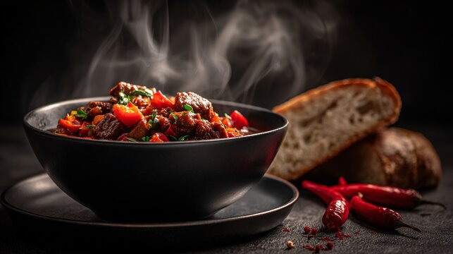 A spicy chili-infused goulash with smoked paprika and red peppers is styled in a matte black bowl against a deep charcoal backdrop with dramatic moody illumination