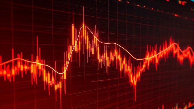 Stock market chart with red candlesticks for Corporate Strategy and Fintech Analytics