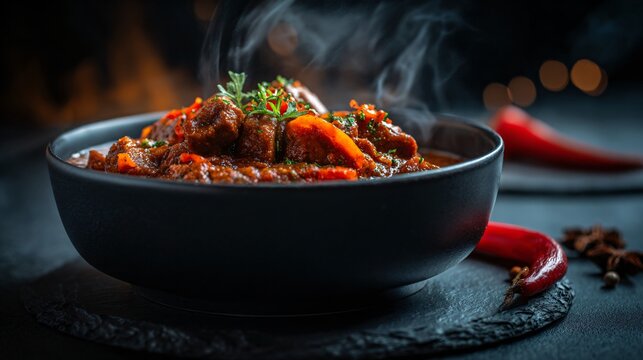 A spicy chili-infused goulash with smoked paprika and red peppers is styled in a matte black bowl against a deep charcoal backdrop with dramatic moody illumination