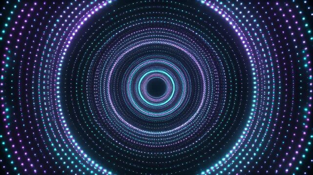Looping animation. Endless tunnel of glowing LED light dots in a dark space. Cyan and magenta colors. Futuristic background. Sci-fi VJ loop.